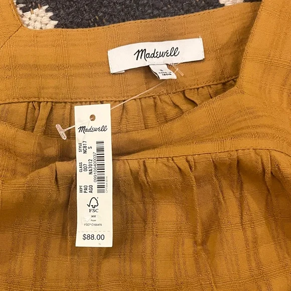 Madewell Brown/Mustard Square Neck Top with Balloon sleeve - Picture 4 of 9